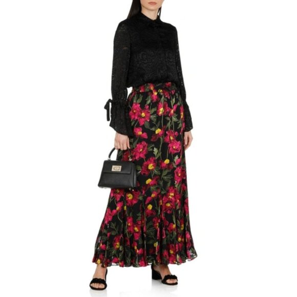 NWT Alice + Olivia Elza Godet Silk Maxi Skirt Black Pink California Poppy 0 - Picture 1 of 16